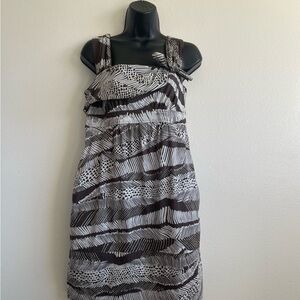 BCBGMAXAZRIA Abstract Print Dress- Medium, Brown Cream Bow Shoulder Sleeveless